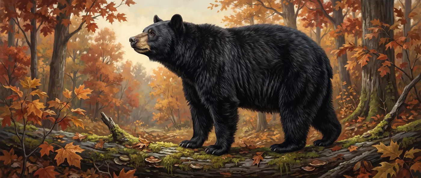 A black bear standing on a mossy fallen log in an autumn forest, nose raised to read the air.