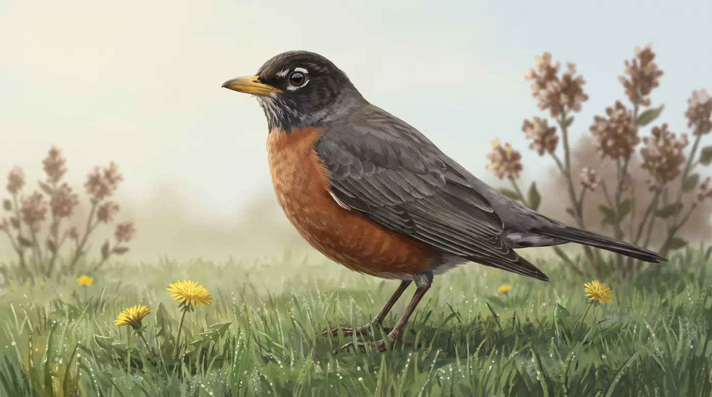 An American robin standing on a green lawn in spring, head tilted to one side, listening for worms.