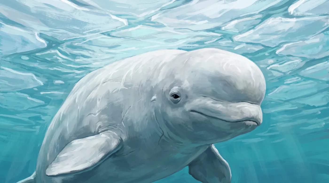 Un beluga adulto risale verso una fessura nel pack per respirare, la schiena liscia e priva di pinna.