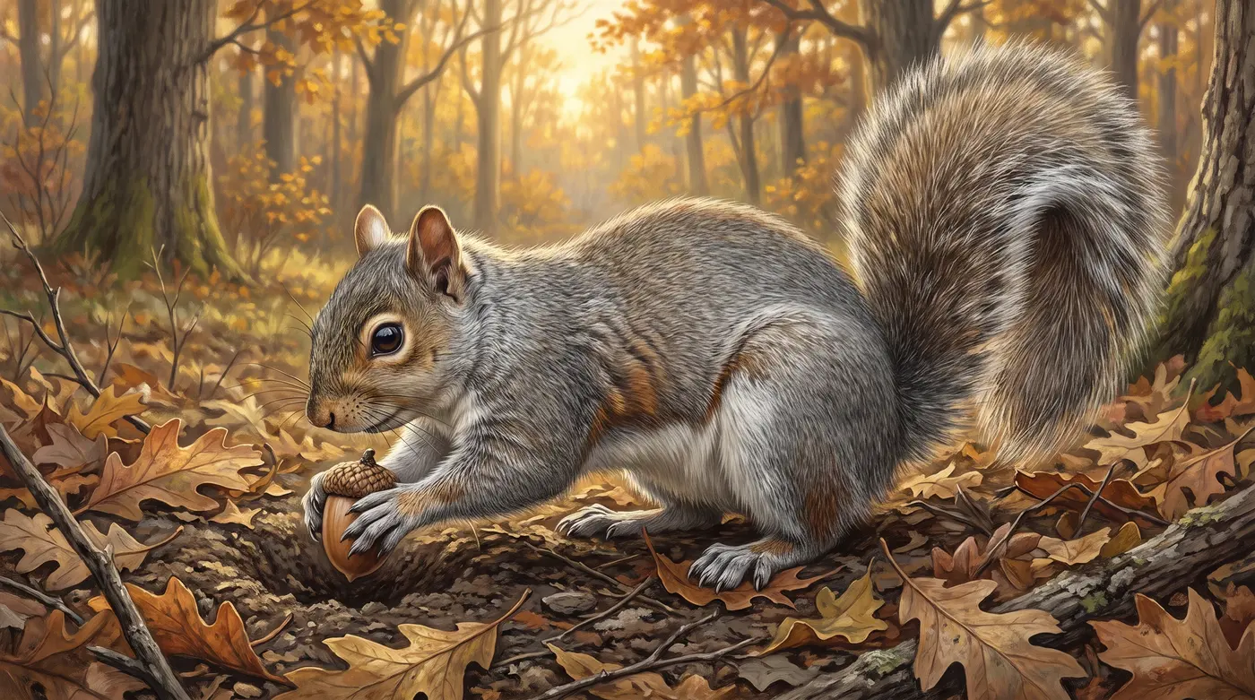 A gray squirrel burying a nut, one of several thousand it will hide alone across a single autumn.