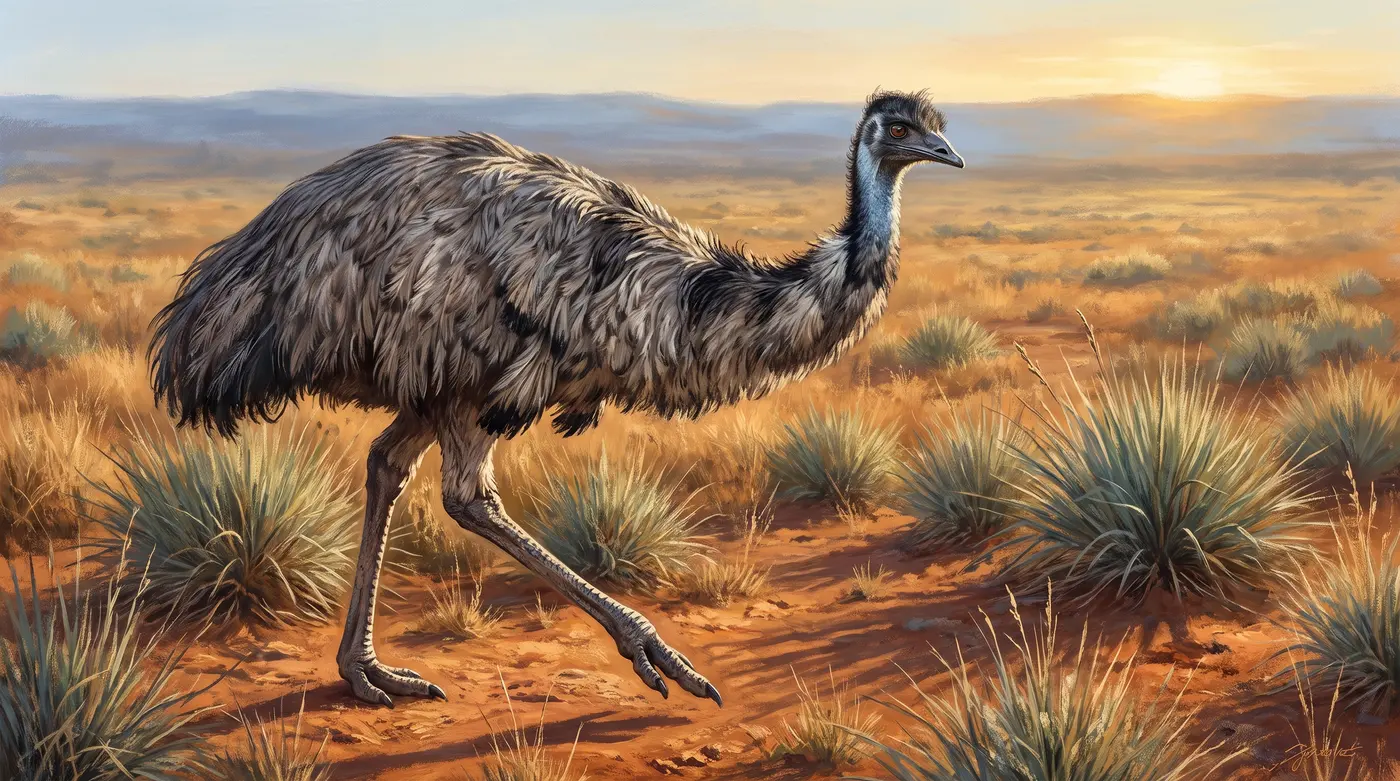 Un emù corre nella savana australiana, con il collo teso e la falcata lunga quasi tre metri.