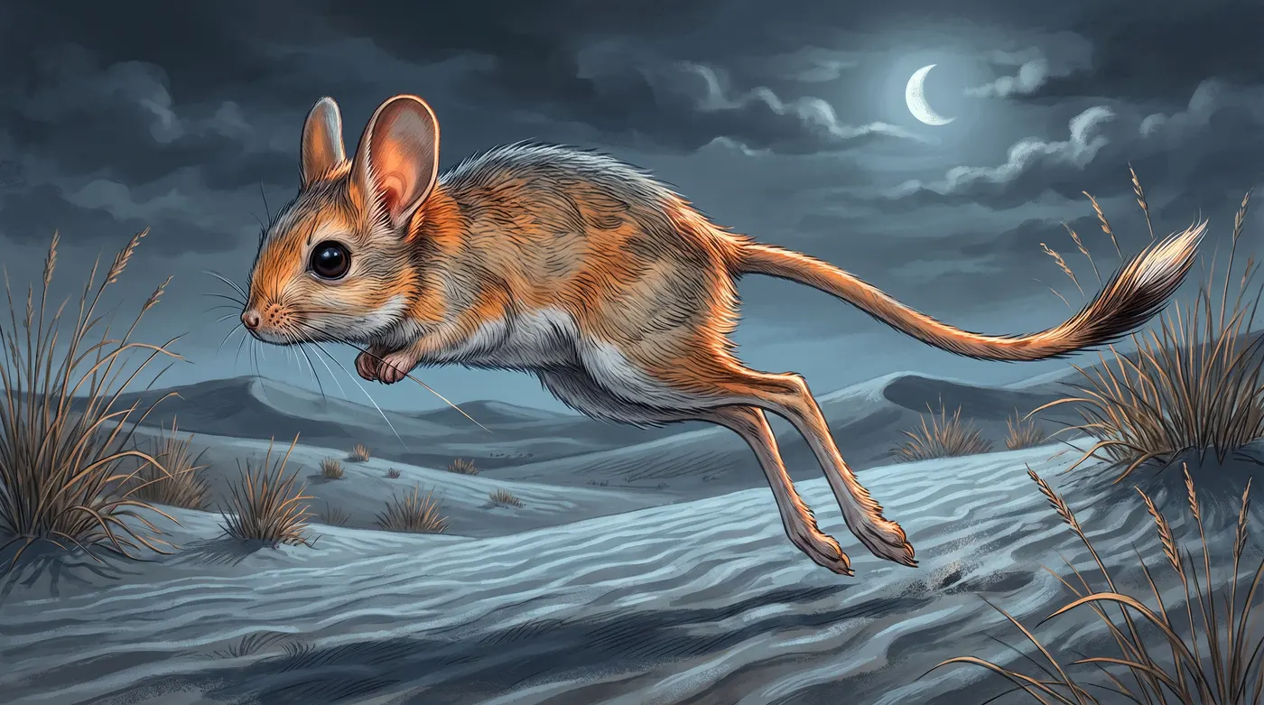 Un gerboa in equilibrio sulle lunghe zampe posteriori, con la coda distesa che gli fa da bilanciere.