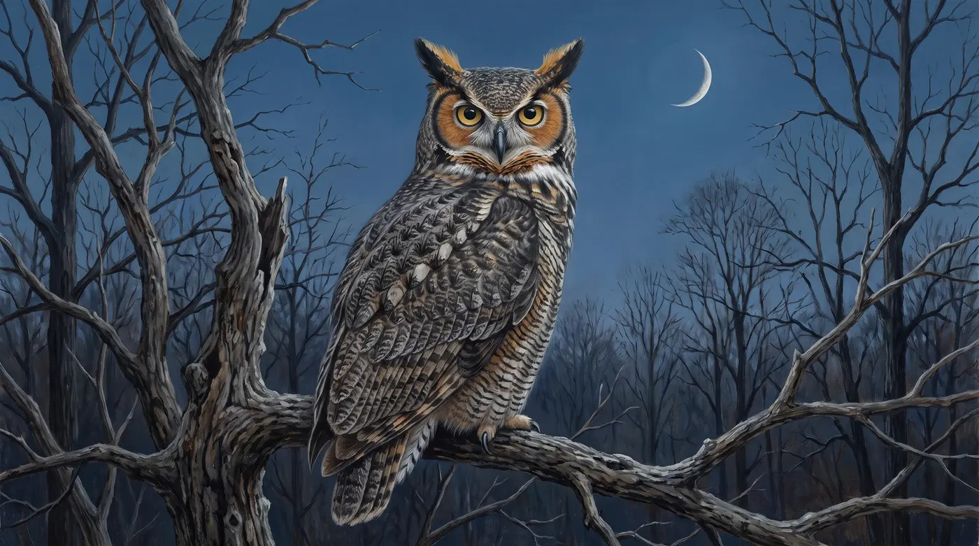 A great horned owl perched on a bare branch at twilight, feather tufts raised and yellow eyes wide open.