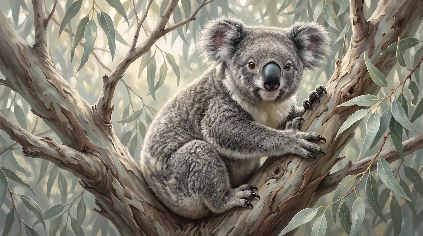 Un koala incastrato nella biforcazione di un ramo di eucalipto, la posizione in cui trascorre quasi tutta la giornata.