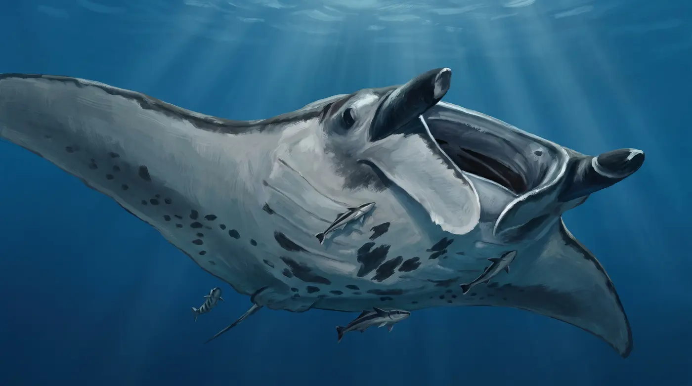 Una manta gigante in mare aperto con le pinne cefaliche distese, la posizione che assume mentre filtra il plancton.