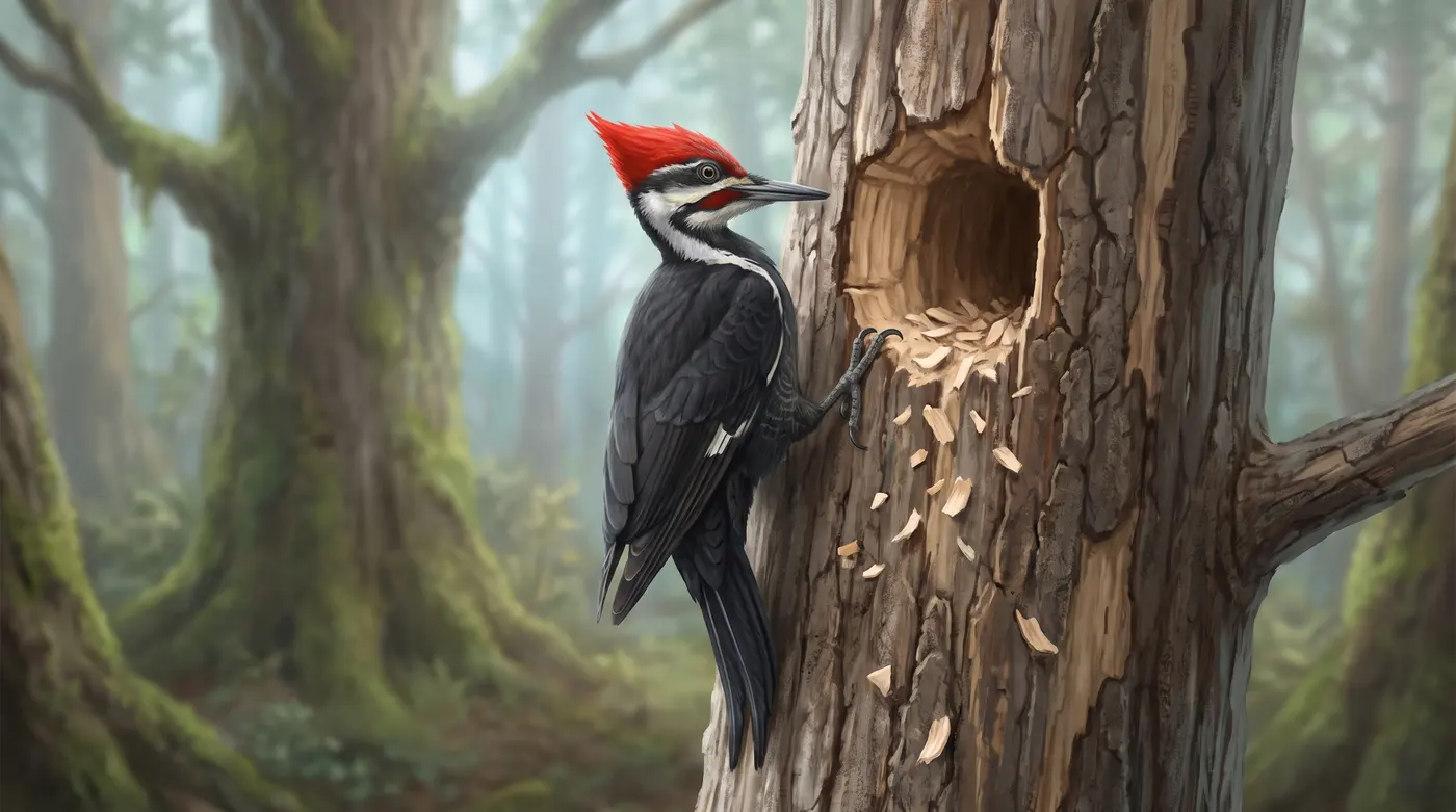 A pileated woodpecker at a rectangular hole it has cut into a dead trunk, following a carpenter ant gallery.