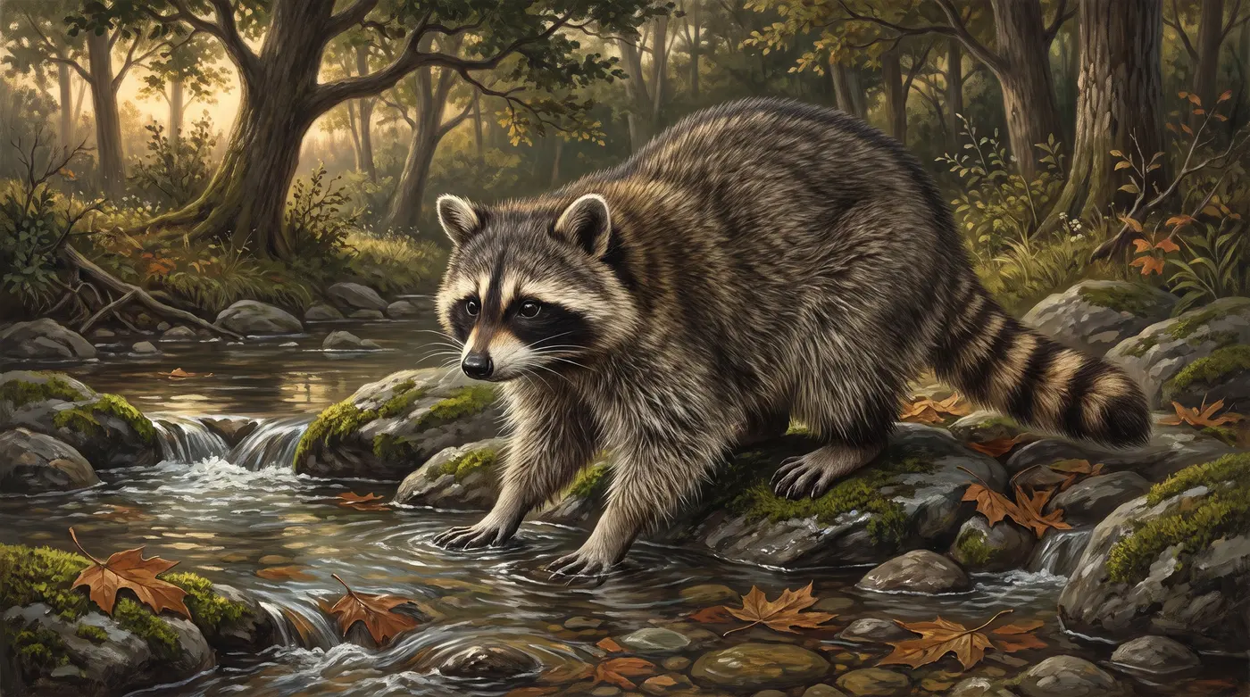 A raccoon feeling for food at the edge of a stream, the pose behind its reputation for washing.