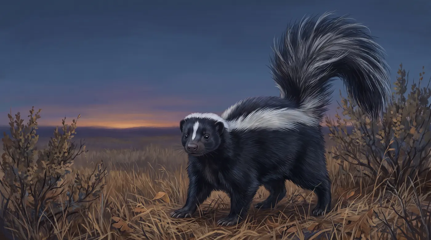 A striped skunk with its tail raised and its front feet planted, the warning that comes before any spray.