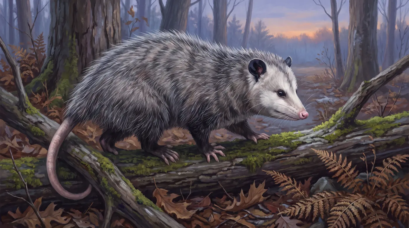 A Virginia opossum walking along a fallen branch at dusk, its long bare tail hanging in a loose curl.